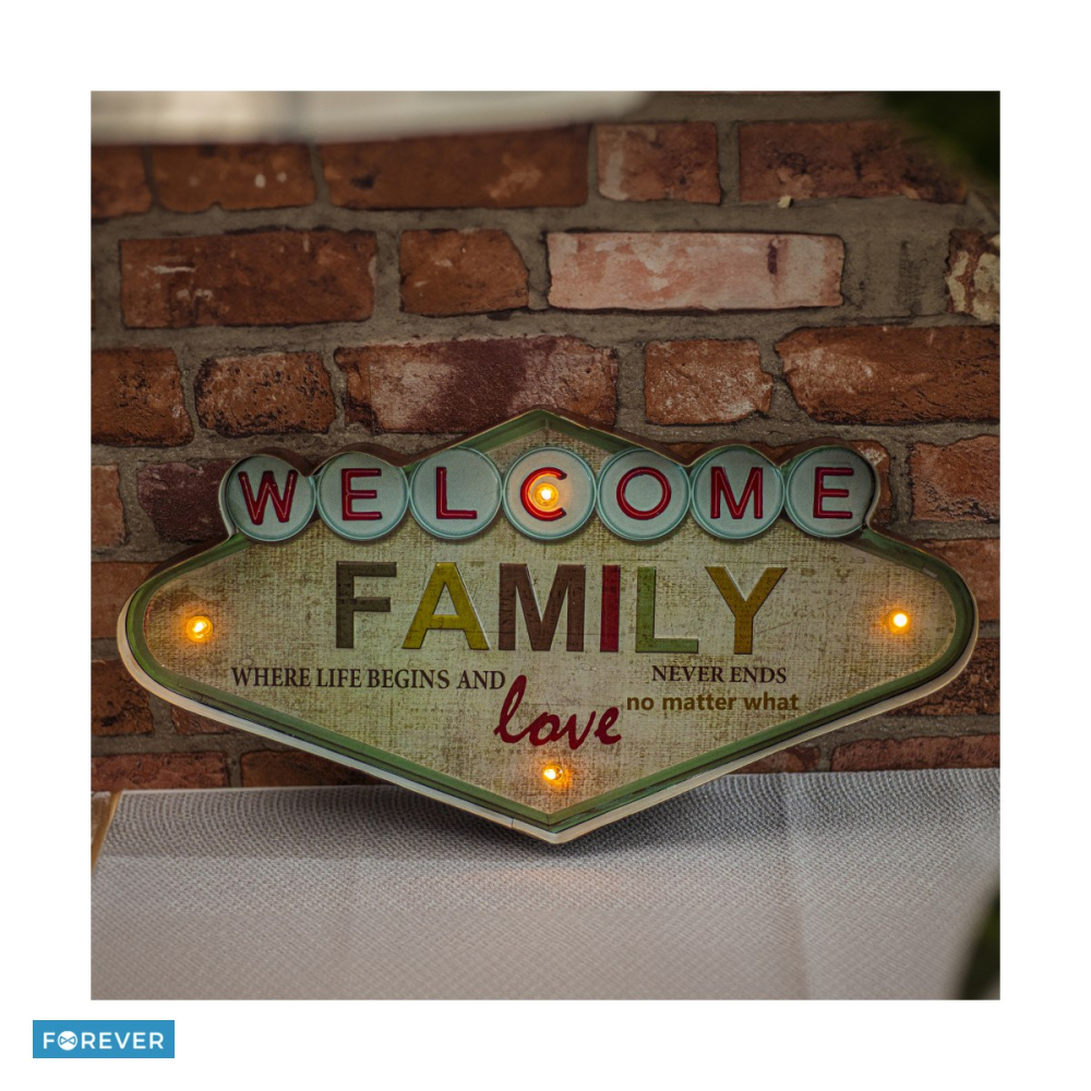Placa metalica retro cu LED „Welcome Family Forever”, dimensiuni 490 x 50 x 255mm, 4 lumini, alimentare USB 5V [5]