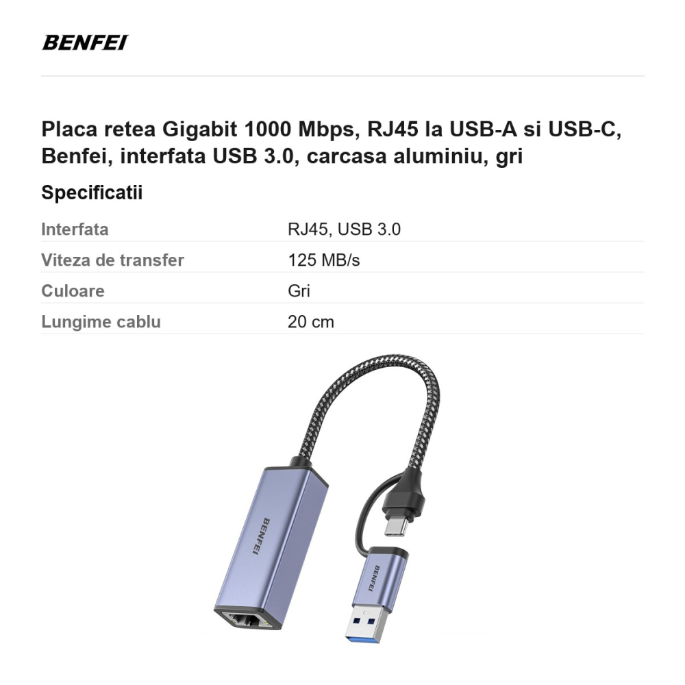 Placa retea Gigabit 1000 Mbps, RJ45 la USB-A si USB-C, Benfei, interfata USB 3.0, carcasa aluminiu, gri [3]