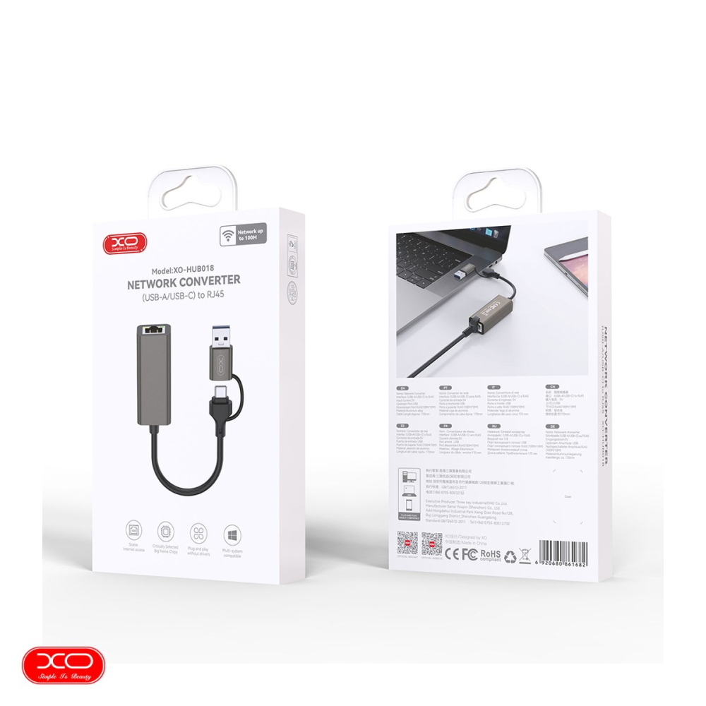 Placa retea XO HUB018 2 in 1, 100Mbps,  port RJ45 la  USB-A tata si USB-C tata , cablu 12cm,  gri [4]
