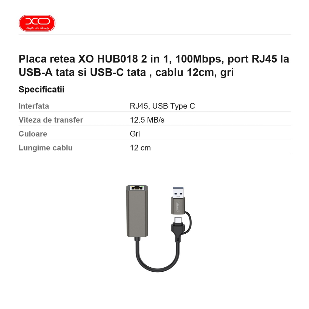 Placa retea XO HUB018 2 in 1, 100Mbps,  port RJ45 la  USB-A tata si USB-C tata , cablu 12cm,  gri [3]