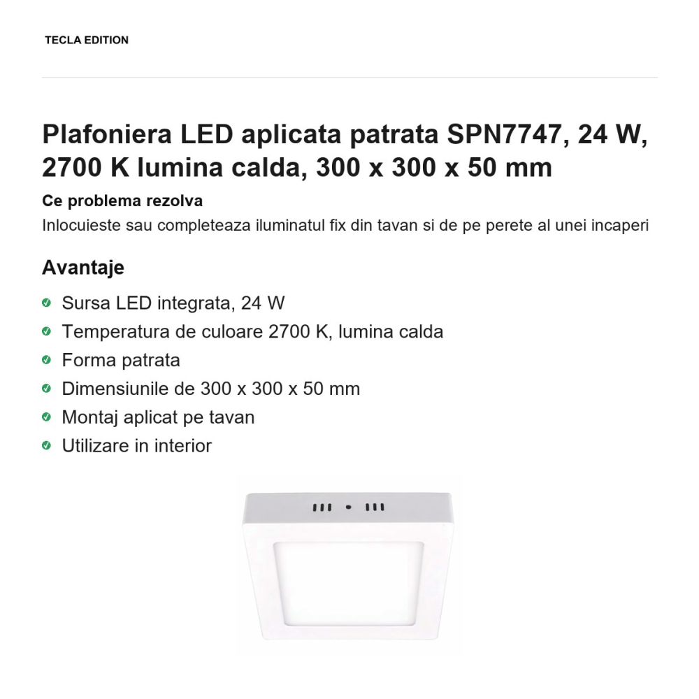 Plafoniera LED aplicata patrata SPN7747, 24 W, 2700 K lumina calda, 300 x 300 x 50 mm [2]