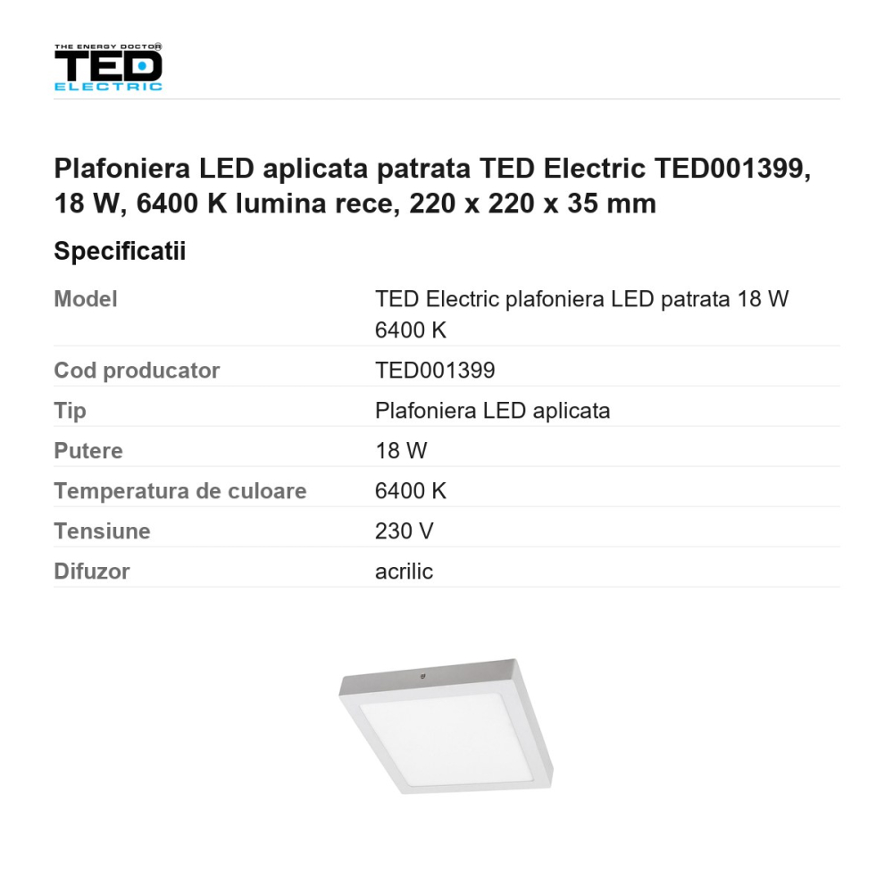 Plafoniera LED aplicata patrata TED Electric TED001399, 18 W, 6400 K lumina rece, 220 x 220 x 35 mm [3]