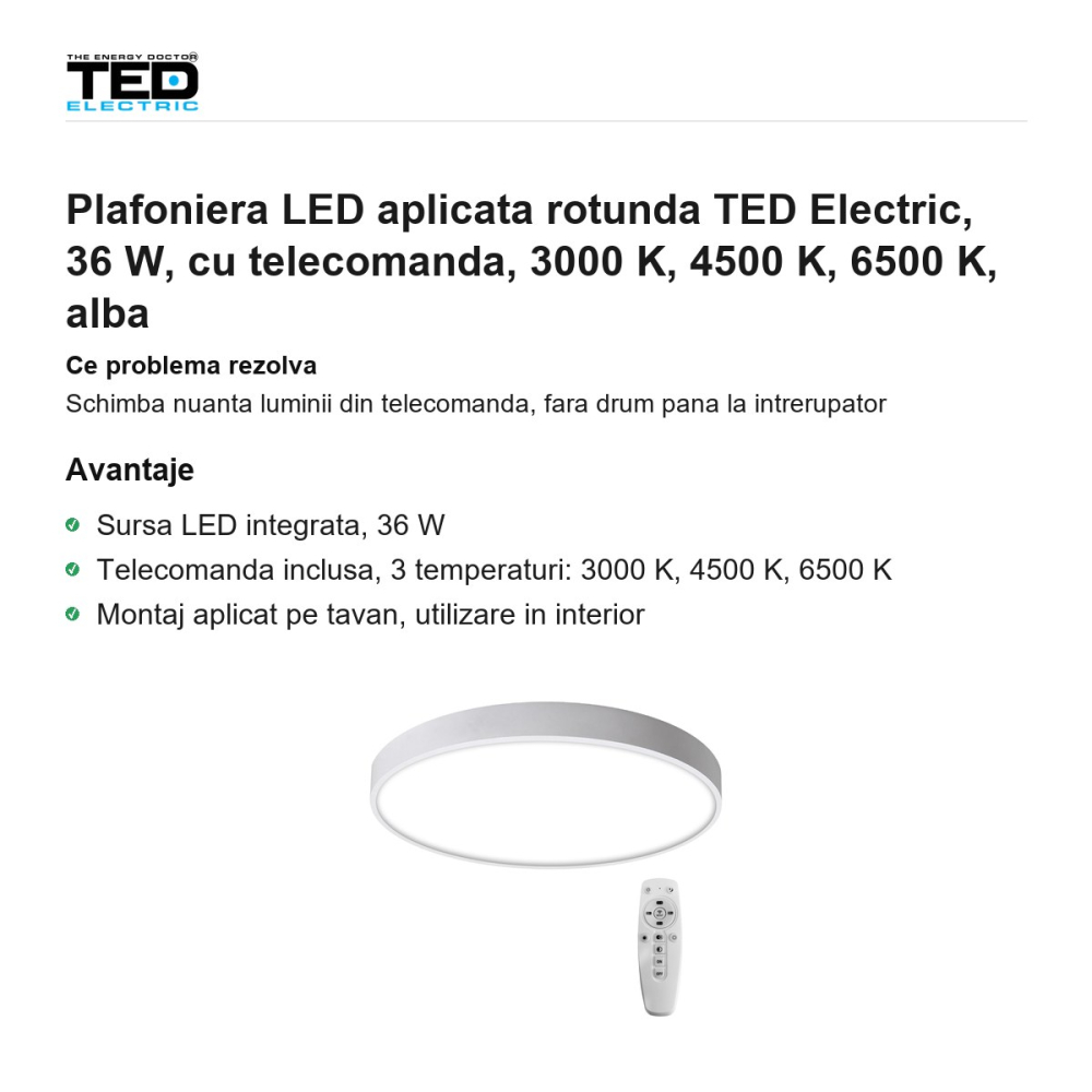 Plafoniera LED aplicata rotunda TED Electric, 36 W, cu telecomanda, 3000 K, 4500 K, 6500 K, alba [2]