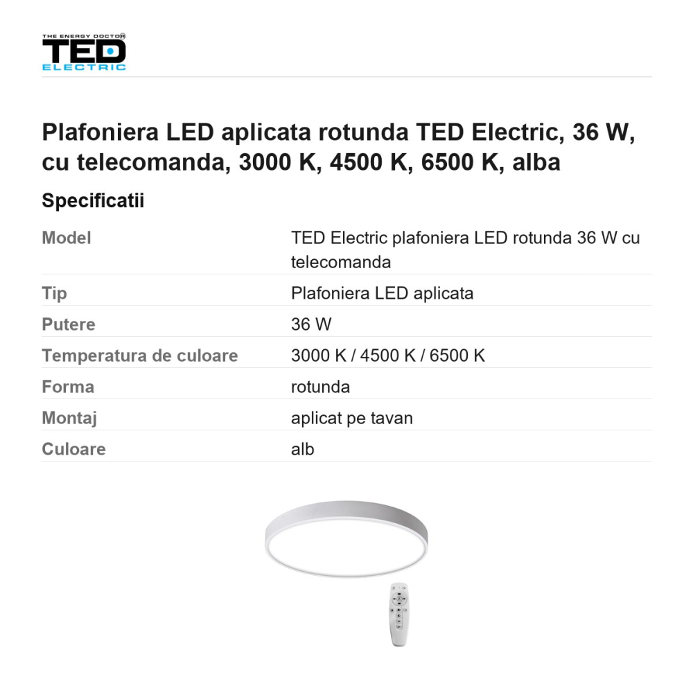 Plafoniera LED aplicata rotunda TED Electric, 36 W, cu telecomanda, 3000 K, 4500 K, 6500 K, alba [3]