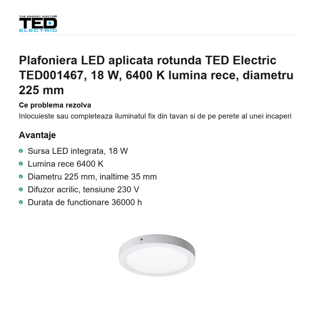 Plafoniera LED aplicata rotunda TED Electric TED001467, 18 W, 6400 K lumina rece, diametru 225 mm [2]