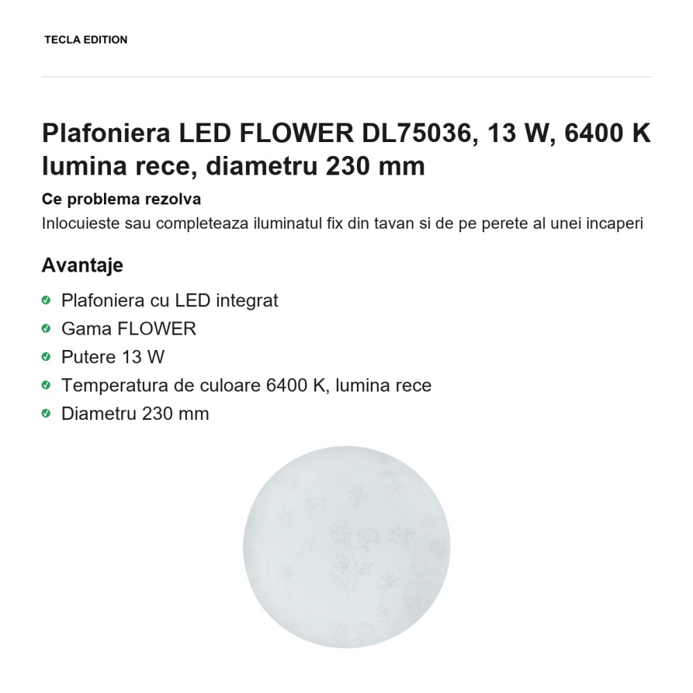 Plafoniera LED FLOWER DL75036, 13 W, 6400 K lumina rece, diametru 230 mm [2]