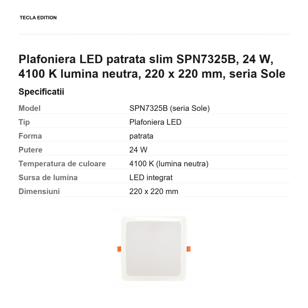 Plafoniera LED patrata slim SPN7325B, 24 W, 4100 K lumina neutra, 220 x 220 mm, seria Sole [3]