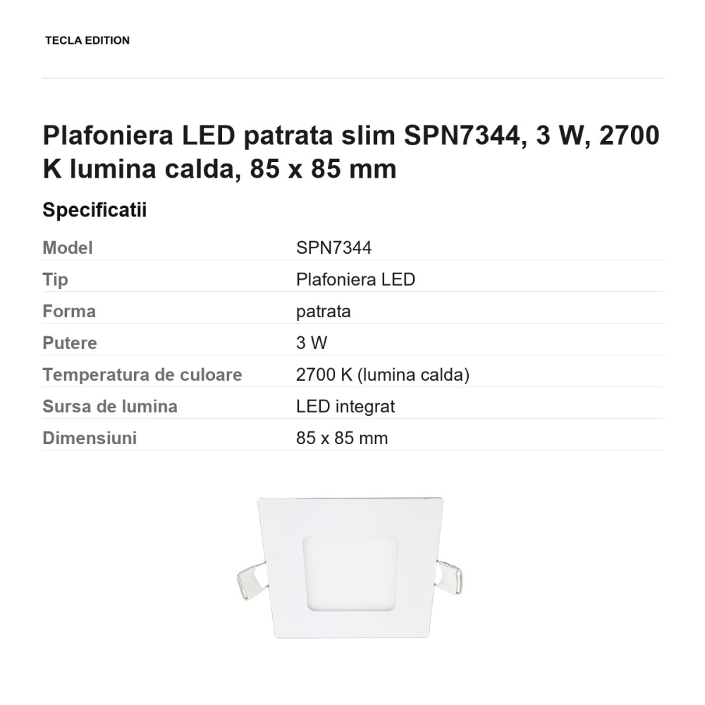 Plafoniera LED patrata slim SPN7344, 3 W, 2700 K lumina calda, 85 x 85 mm [3]