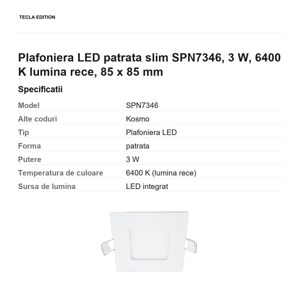Plafoniera LED patrata slim SPN7346, 3 W, 6400 K lumina rece, 85 x 85 mm [3]
