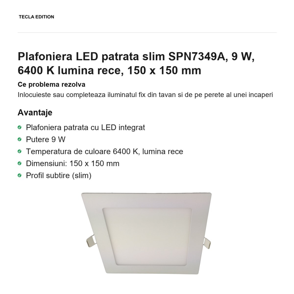 Plafoniera LED patrata slim SPN7349A, 9 W, 6400 K lumina rece, 150 x 150 mm [2]
