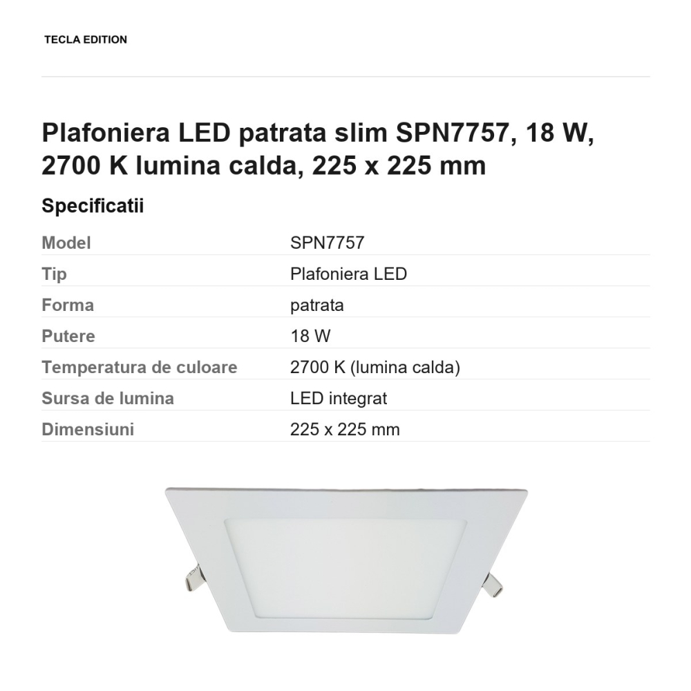 Plafoniera LED patrata slim SPN7757, 18 W, 2700 K lumina calda, 225 x 225 mm [3]