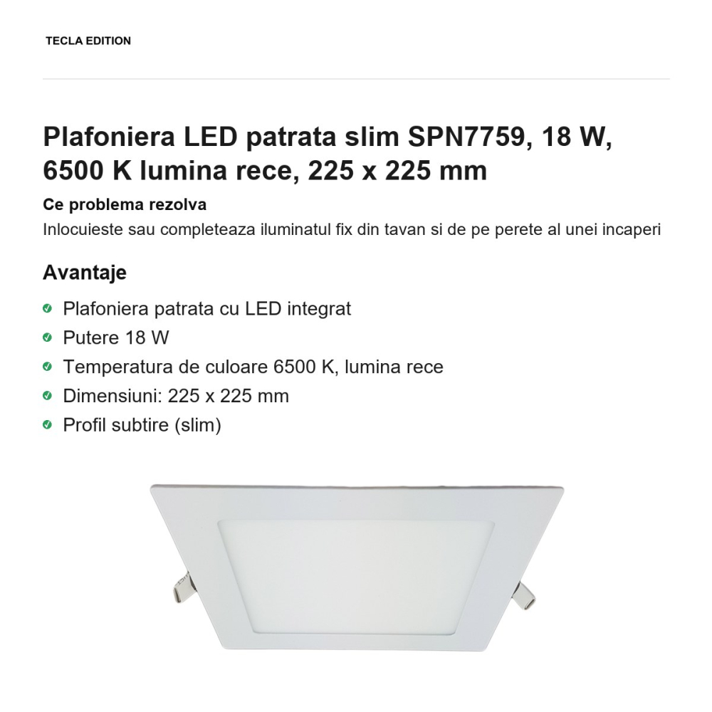 Plafoniera LED patrata slim SPN7759, 18 W, 6500 K lumina rece, 225 x 225 mm [2]