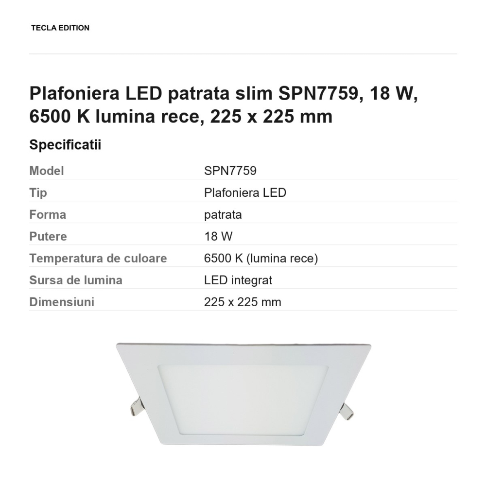 Plafoniera LED patrata slim SPN7759, 18 W, 6500 K lumina rece, 225 x 225 mm [3]