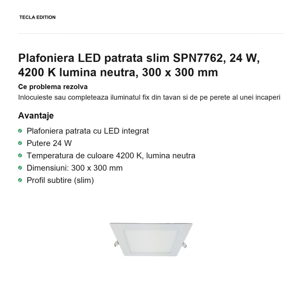 Plafoniera LED patrata slim SPN7762, 24 W, 4200 K lumina neutra, 300 x 300 mm [2]
