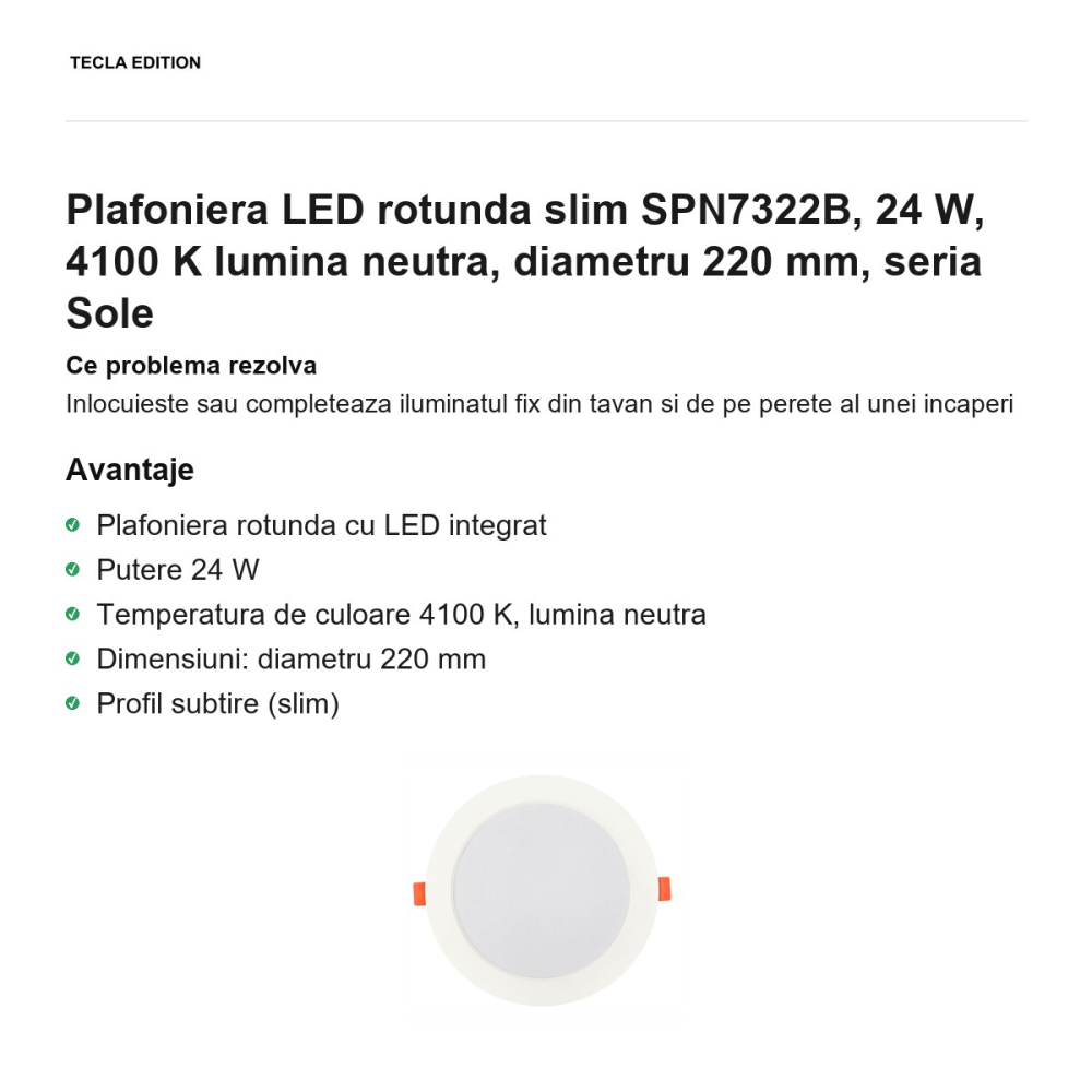 Plafoniera LED rotunda slim SPN7322B, 24 W, 4100 K lumina neutra, diametru 220 mm, seria Sole [2]