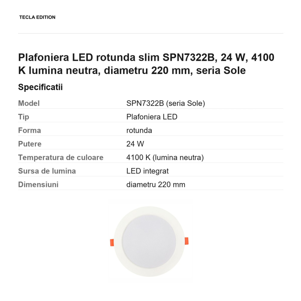 Plafoniera LED rotunda slim SPN7322B, 24 W, 4100 K lumina neutra, diametru 220 mm, seria Sole [3]