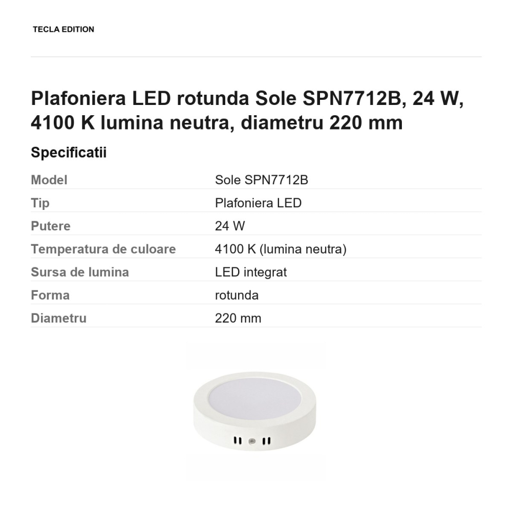 Plafoniera LED rotunda Sole SPN7712B, 24 W, 4100 K lumina neutra, diametru 220 mm [3]