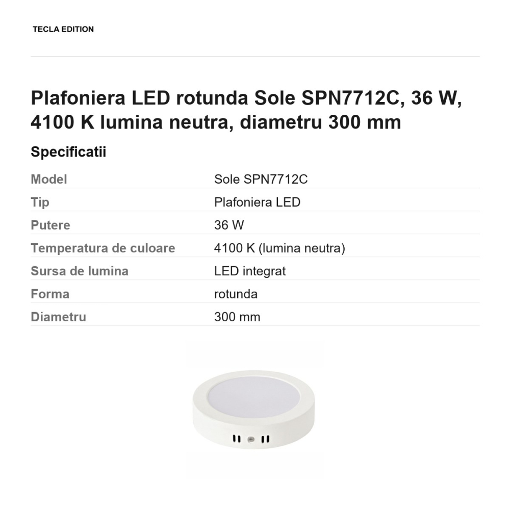 Plafoniera LED rotunda Sole SPN7712C, 36 W, 4100 K lumina neutra, diametru 300 mm [3]