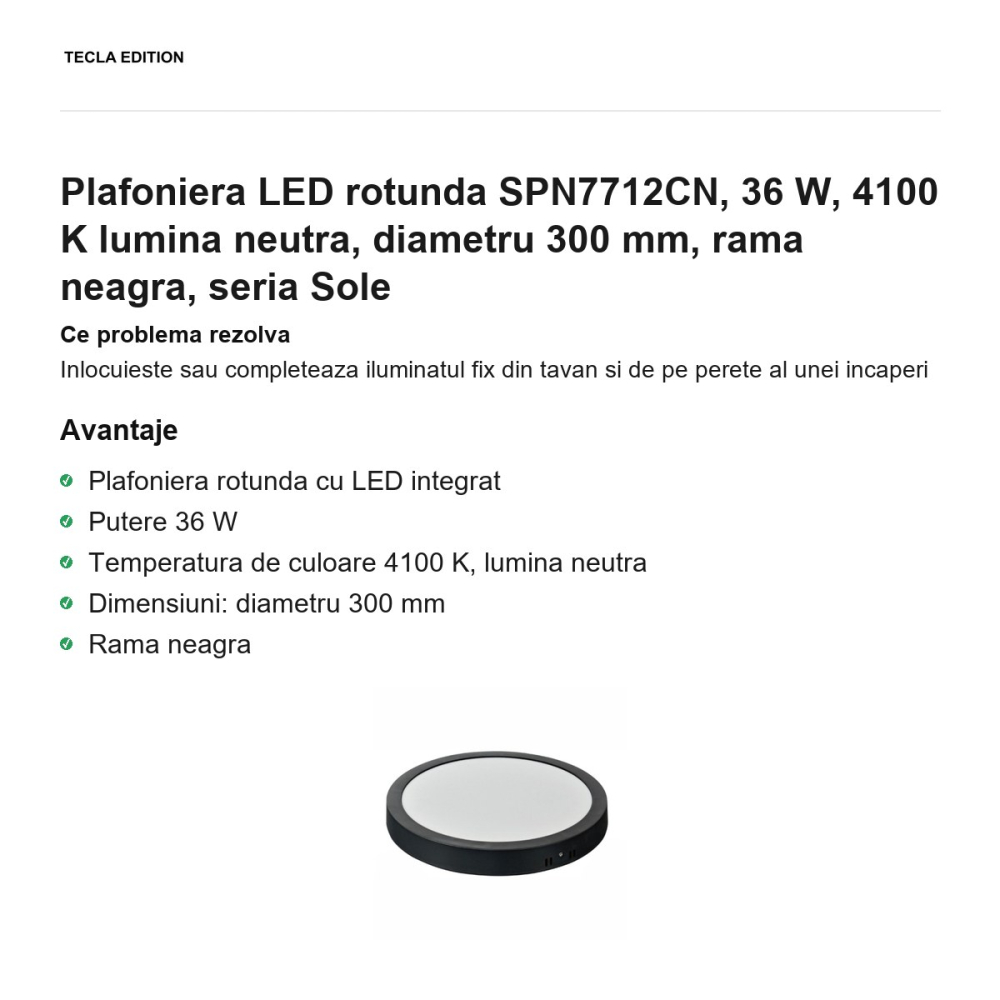 Plafoniera LED rotunda SPN7712CN, 36 W, 4100 K lumina neutra, diametru 300 mm, rama neagra, seria Sole [2]