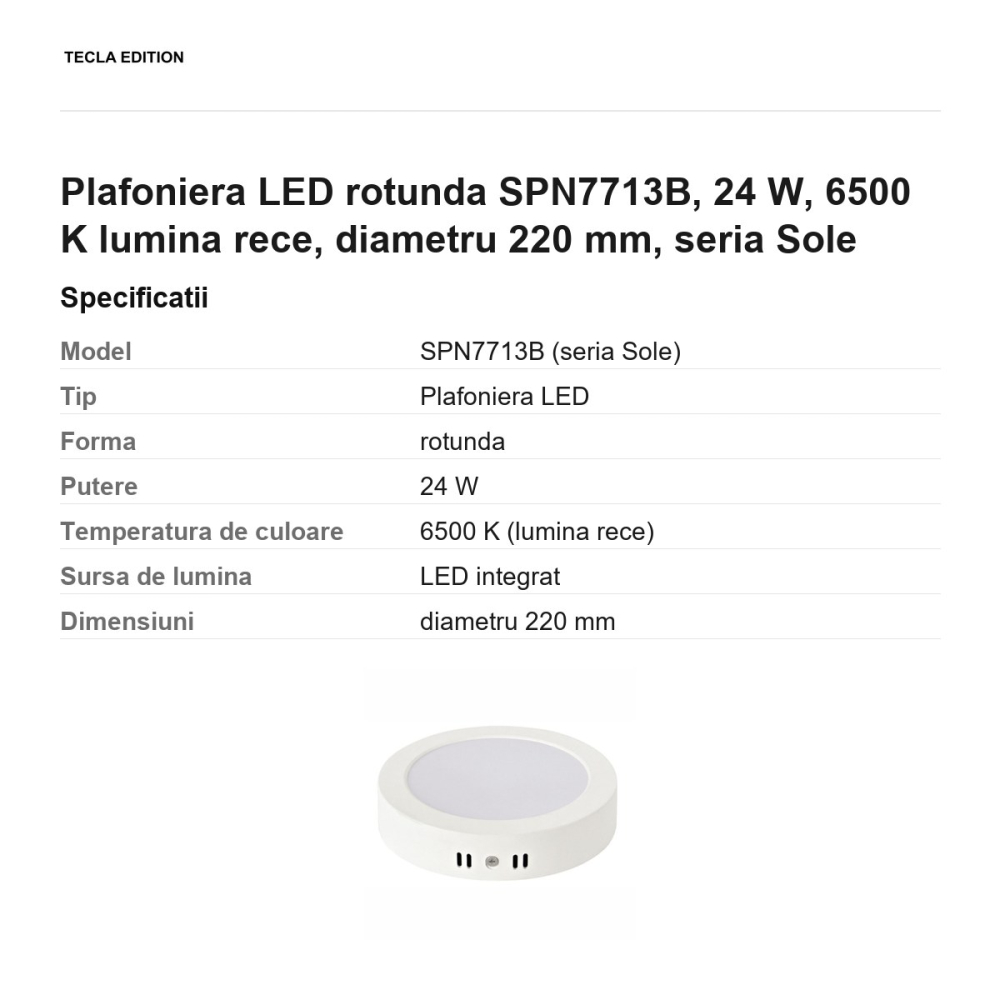 Plafoniera LED rotunda SPN7713B, 24 W, 6500 K lumina rece, diametru 220 mm, seria Sole [3]
