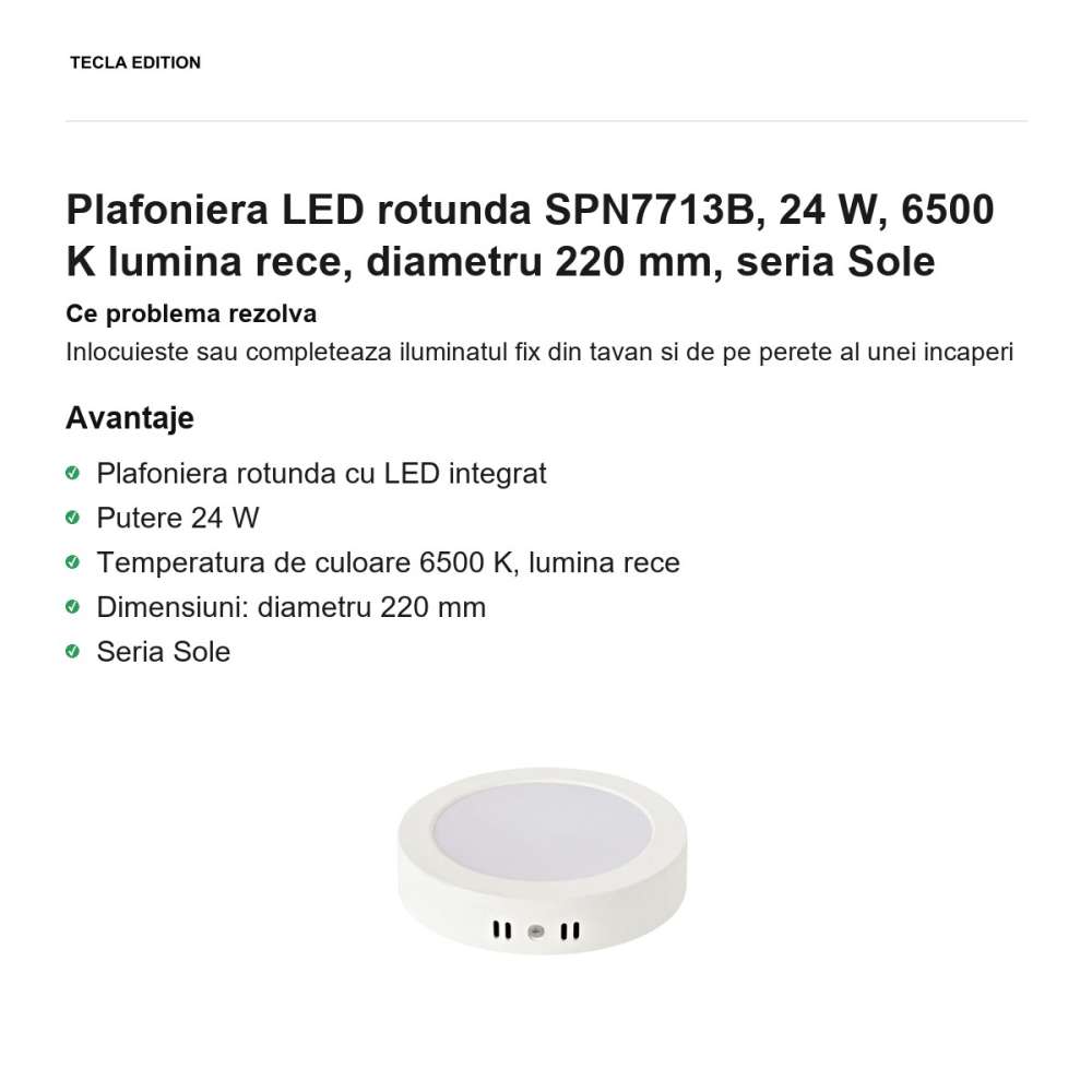 Plafoniera LED rotunda SPN7713B, 24 W, 6500 K lumina rece, diametru 220 mm, seria Sole [2]