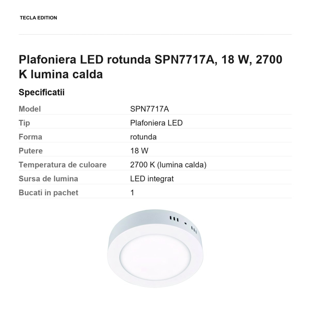 Plafoniera LED rotunda SPN7717A, 18 W, 2700 K lumina calda [3]