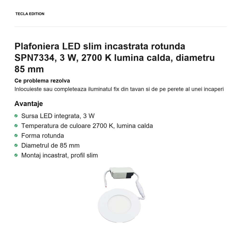 Plafoniera LED slim incastrata rotunda SPN7334, 3 W, 2700 K lumina calda, diametru 85 mm [2]