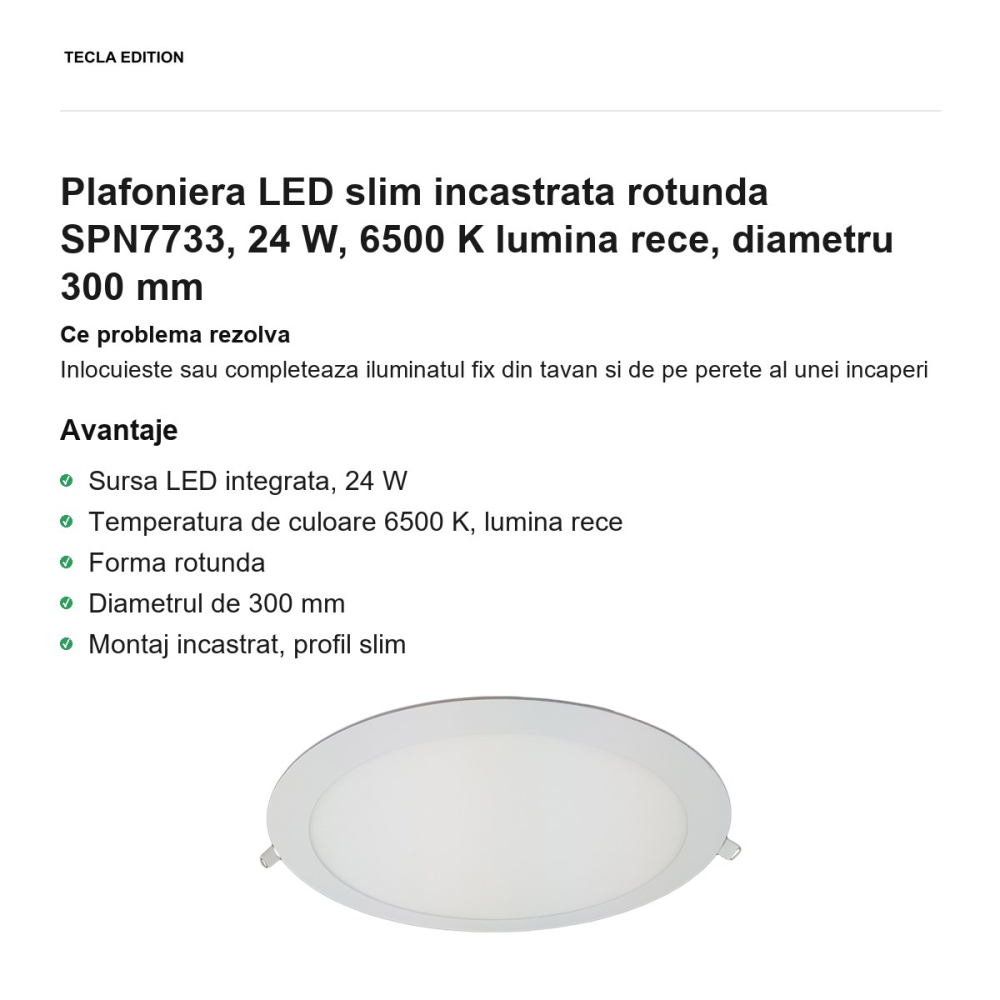 Plafoniera LED slim incastrata rotunda SPN7733, 24 W, 6500 K lumina rece, diametru 300 mm [2]