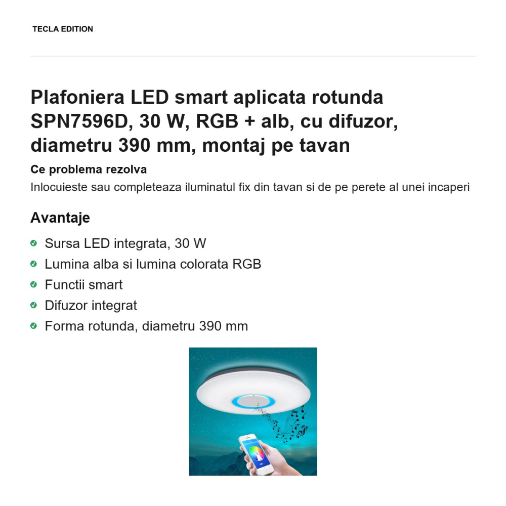Plafoniera LED smart aplicata rotunda SPN7596D, 30 W, RGB + alb, cu difuzor, diametru 390 mm, montaj pe tavan [2]