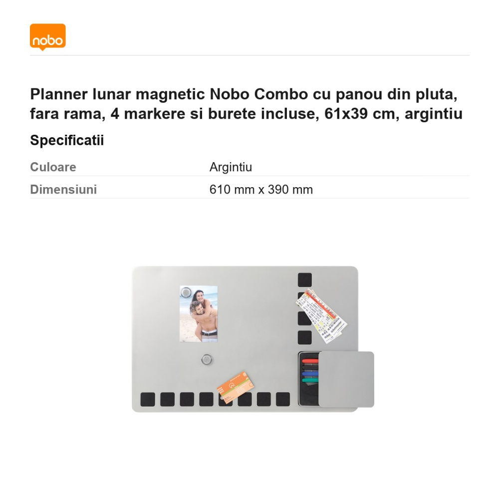 Planner lunar magnetic Nobo Combo cu panou din pluta, fara rama, 4 markere si burete incluse, 61x39 cm, argintiu [3]