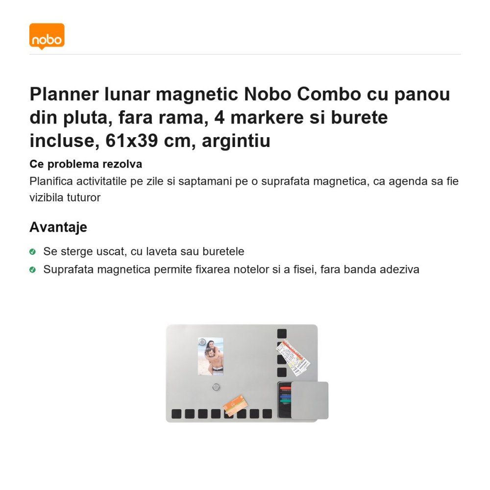 Planner lunar magnetic Nobo Combo cu panou din pluta, fara rama, 4 markere si burete incluse, 61x39 cm, argintiu [2]