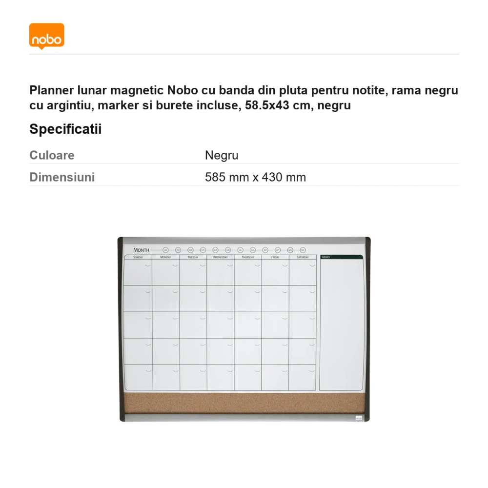 Planner lunar magnetic Nobo cu banda din pluta pentru notite, rama negru cu argintiu, marker si burete incluse, 58.5x43 cm, negru [3]