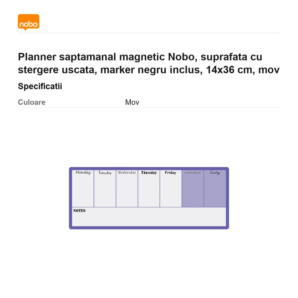 Planner saptamanal magnetic Nobo, suprafata cu stergere uscata, marker negru inclus, 14x36 cm, mov [3]