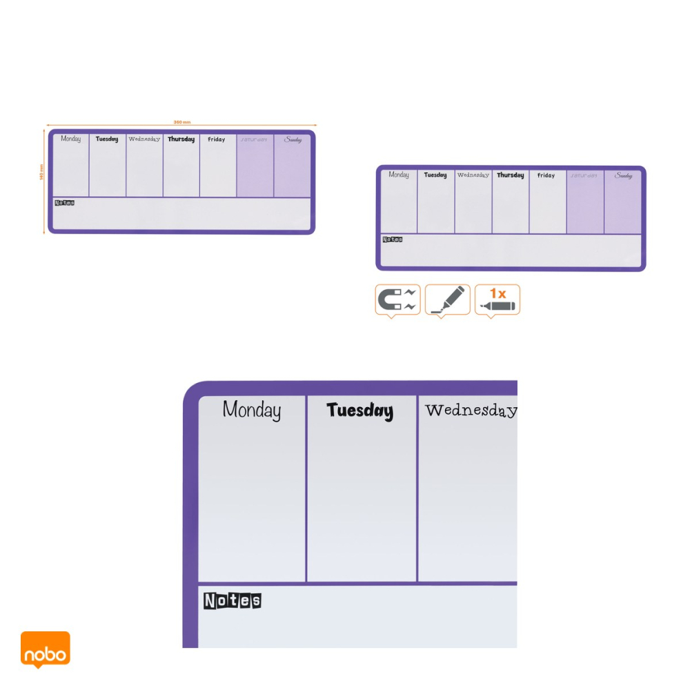 Planner saptamanal magnetic Nobo, suprafata cu stergere uscata, marker negru inclus, 14x36 cm, mov [6]