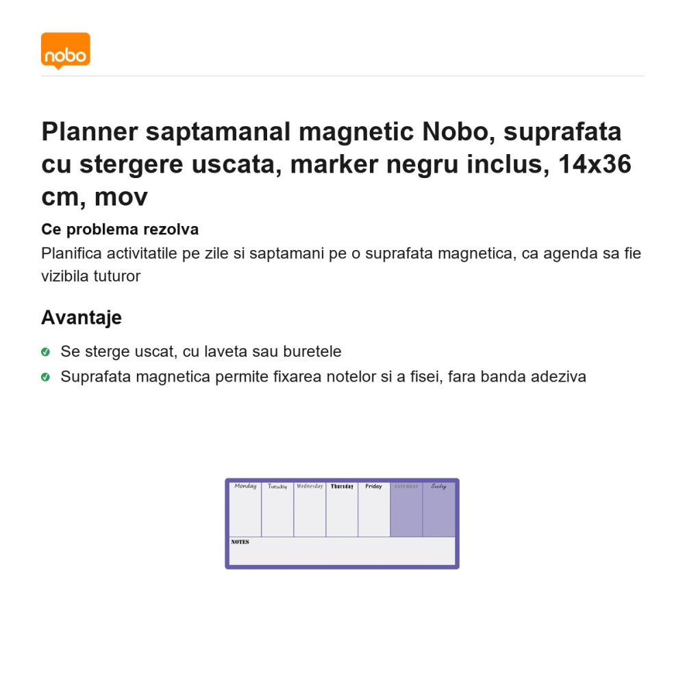 Planner saptamanal magnetic Nobo, suprafata cu stergere uscata, marker negru inclus, 14x36 cm, mov [2]