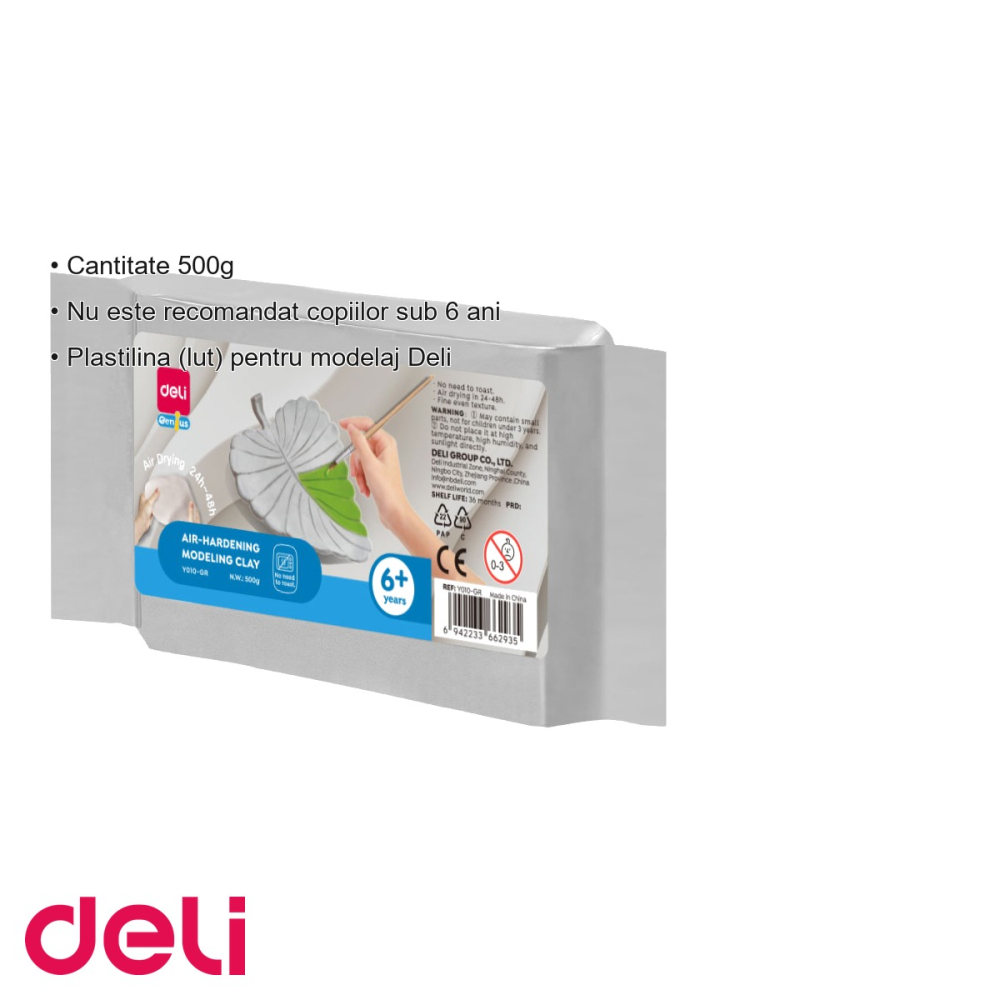 Plastilina pentru modelaj Deli, textura fina, culoare gri, 500g, se intareste la aer [3]