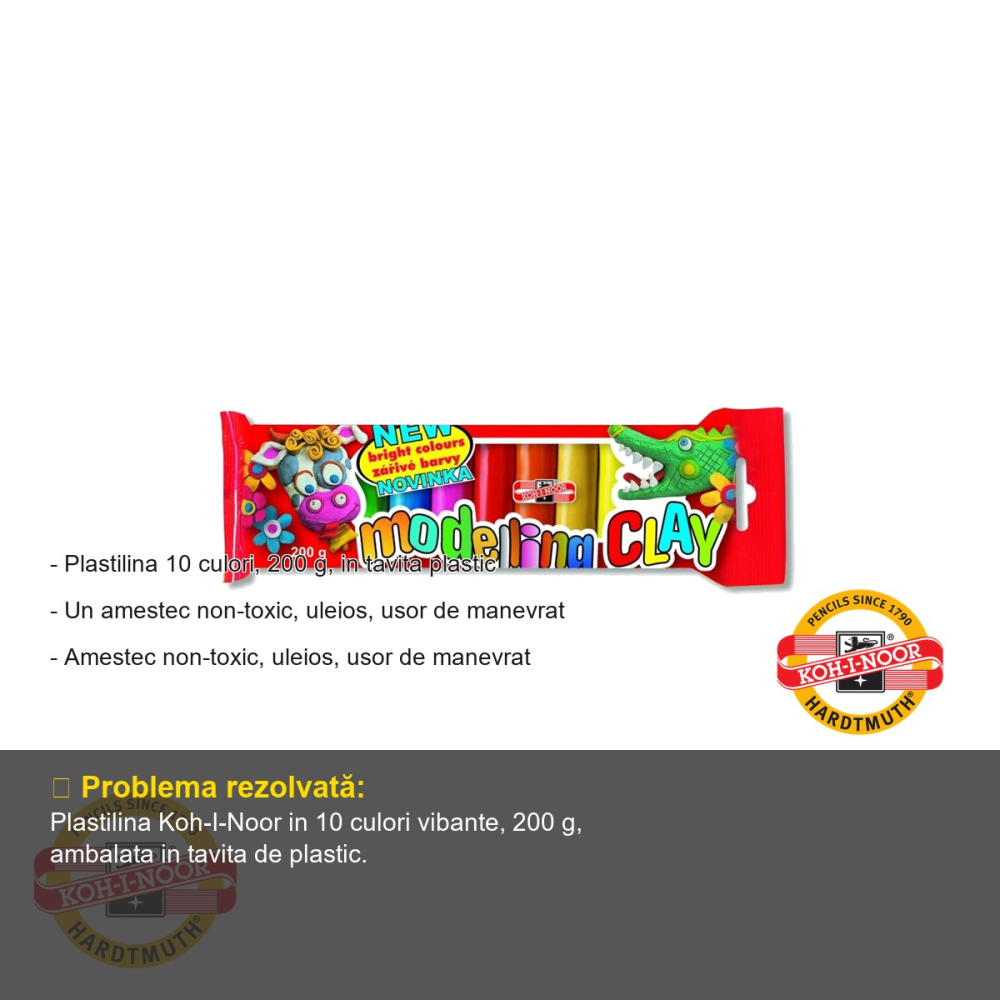 Plastilina remodelabila Koh-I-Noor, 10 culori, 200 g, amestec non-toxic, pentru copii si tineri artisti [2]