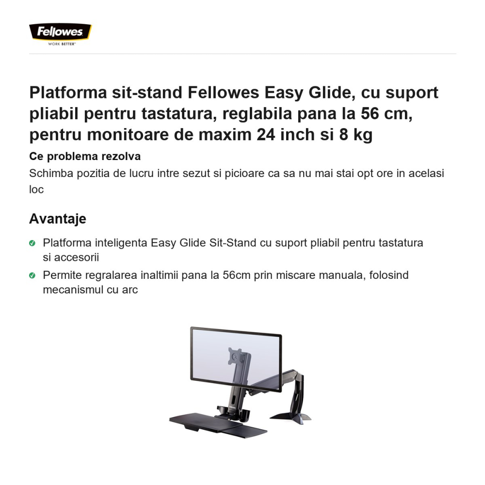 Platforma sit-stand Fellowes Easy Glide, cu suport pliabil pentru tastatura, reglabila pana la 56 cm, pentru monitoare de maxim 24 inch si 8 kg [2]