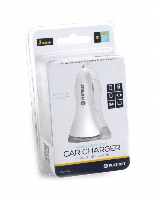 Incarcator Auto Platinet 3XUSB 5.2A + microUSB cable 1m alb [2]
