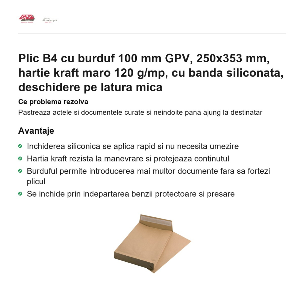 Plic B4 cu burduf 100 mm GPV, 250x353 mm, hartie kraft maro 120 g/mp, cu banda siliconata, deschidere pe latura mica [2]