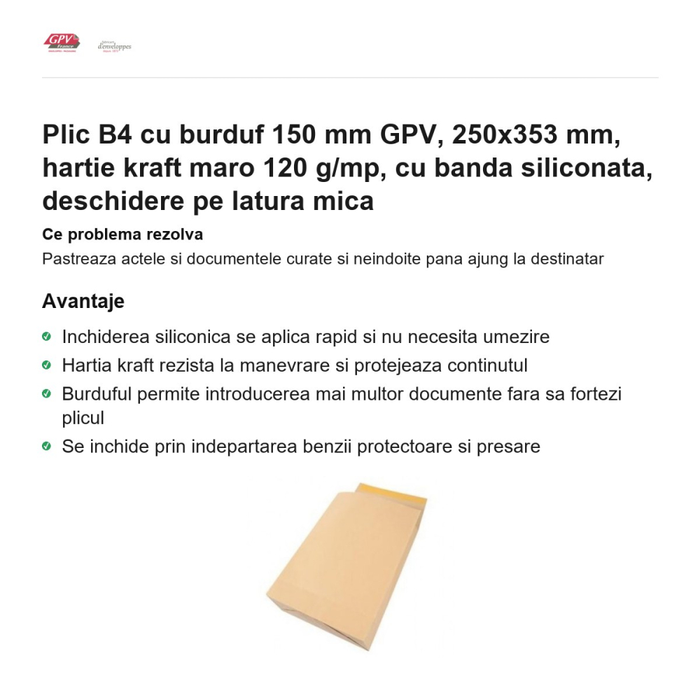Plic B4 cu burduf 150 mm GPV, 250x353 mm, hartie kraft maro 120 g/mp, cu banda siliconata, deschidere pe latura mica [2]