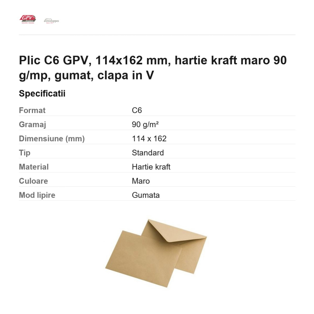 Plic C6 GPV, 114x162 mm, hartie kraft maro 90 g/mp, gumat, clapa in V [3]