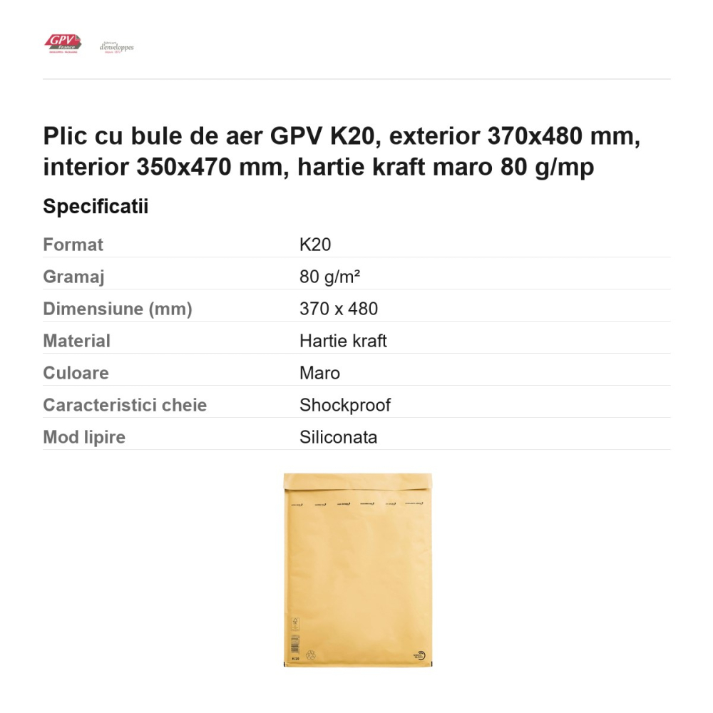 Plic cu bule de aer GPV K20, exterior 370x480 mm, interior 350x470 mm, hartie kraft maro 80 g/mp [3]