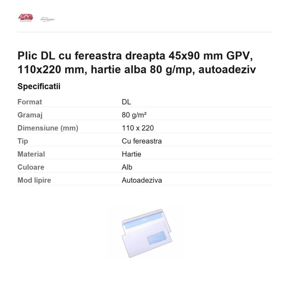 Plic DL cu fereastra dreapta 45x90 mm GPV, 110x220 mm, hartie alba 80 g/mp, autoadeziv [3]