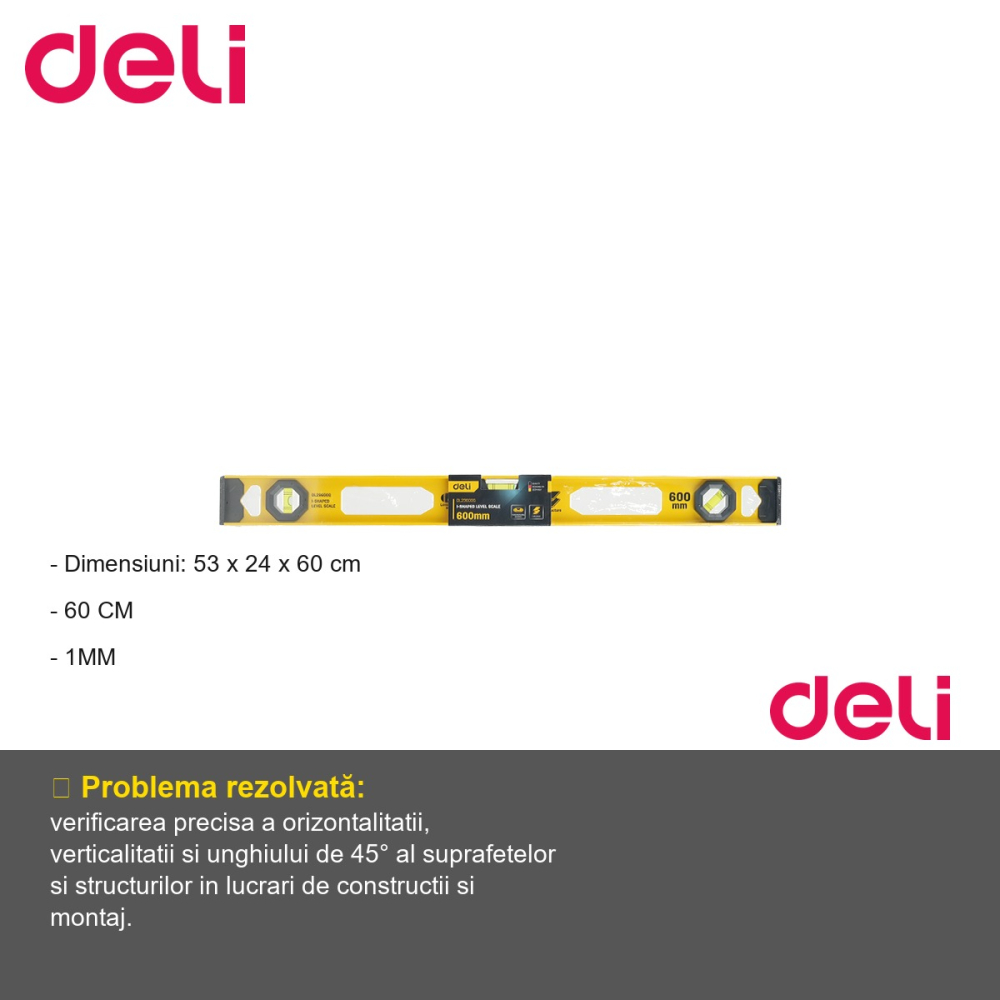 Poloboc metal Deli, 60 cm, 3 bule de verificare, acuratete 1 mm/m, pentru constructii si amenajari [2]