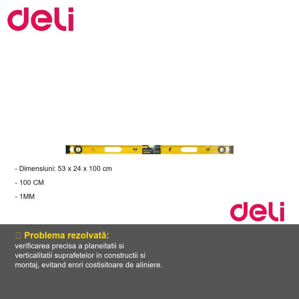Poloboc metalic Deli 100 cm, 3 bule de verificare, acuratete 1 mm/m, pentru constructii si montaj [2]