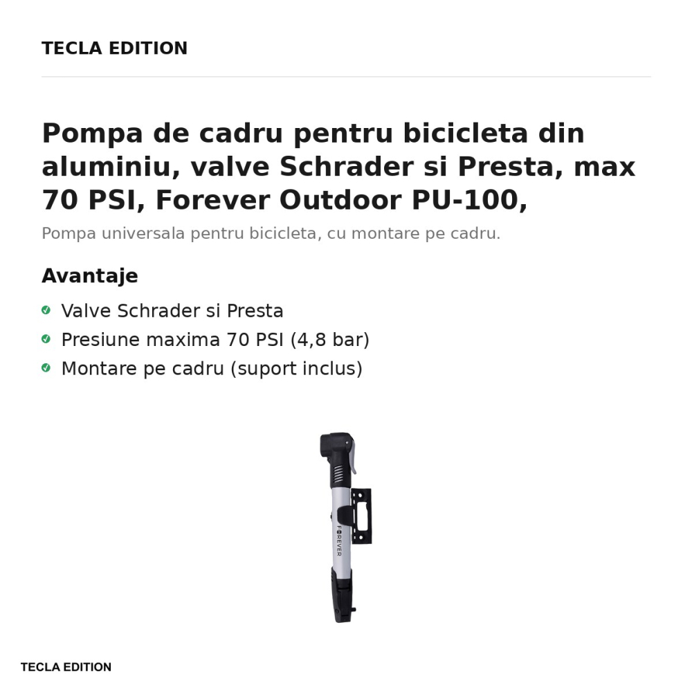 Pompa de cadru pentru bicicleta din aluminiu, valve Schrader si Presta, max 70 PSI, Forever Outdoor PU-100, argintie [2]