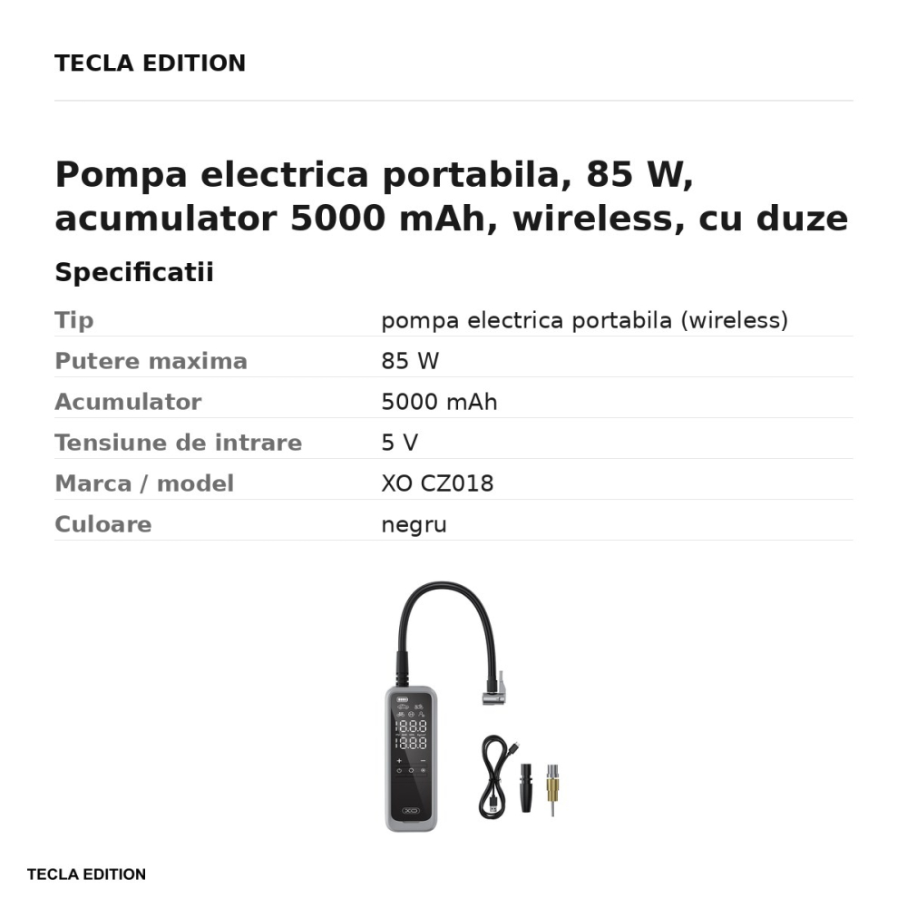 Pompa electrica portabila, 85 W, acumulator 5000 mAh, wireless, cu duze pentru anvelope si mingi, XO CZ018, neagra [3]