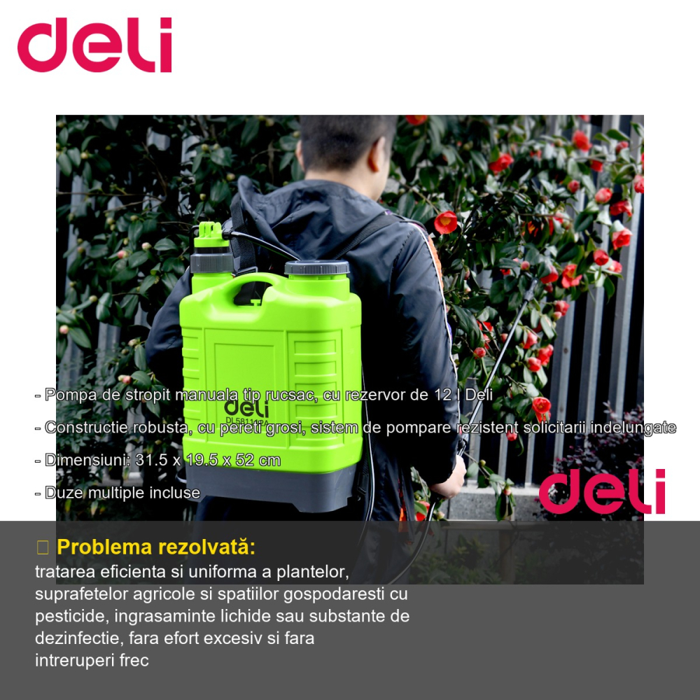 Pompa manuala de stropit tip rucsac Deli, rezervor 12 litri, cu duze multiple, pentru gradina si agricultura [2]