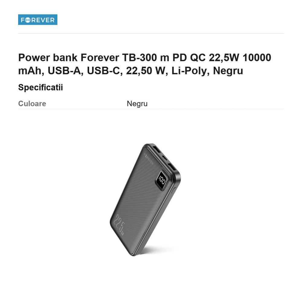Power bank Forever TB-300 m PD QC 22,5W 10000 mAh, USB-A, USB-C, 22,50 W, Li-Poly, Negru [3]